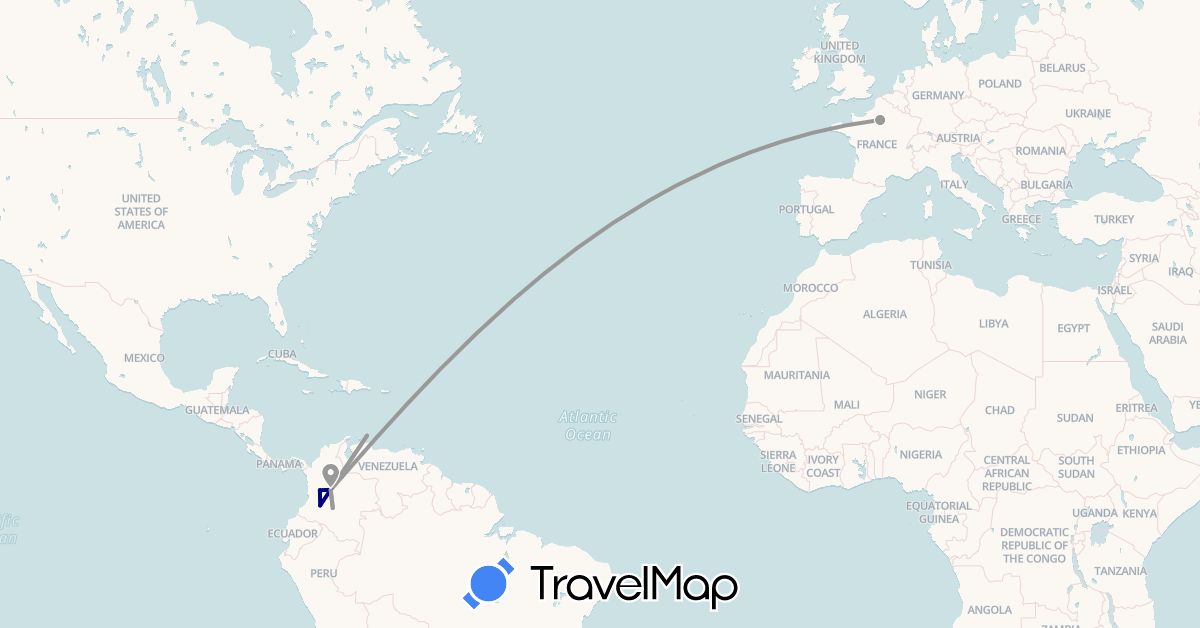 TravelMap itinerary: driving, plane in Colombia, Curaçao, France (Europe, South America)