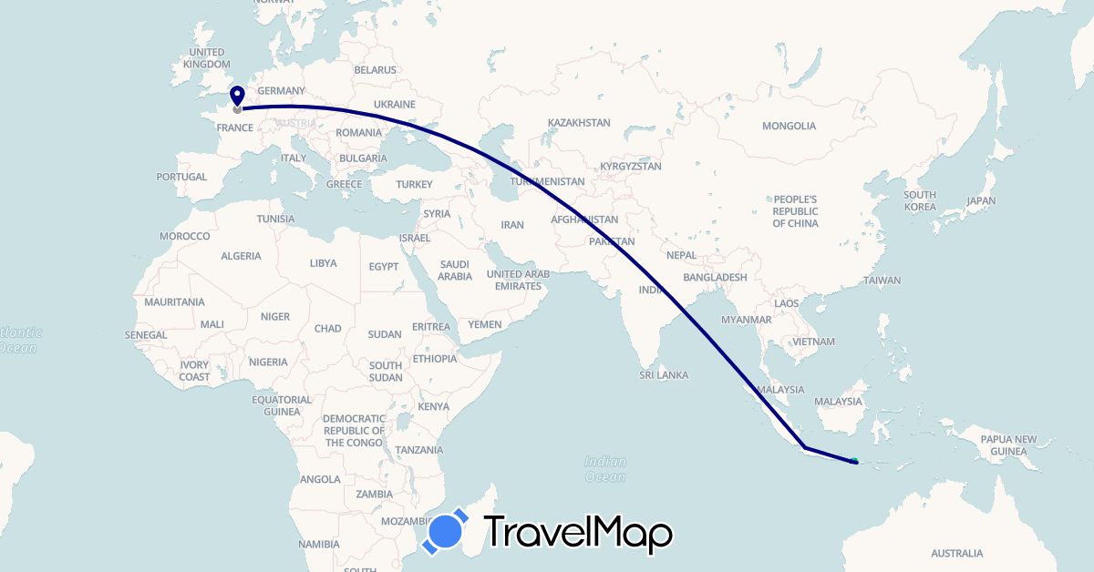 TravelMap itinerary: driving, bus, plane, hiking, boat in France, Indonesia (Asia, Europe)